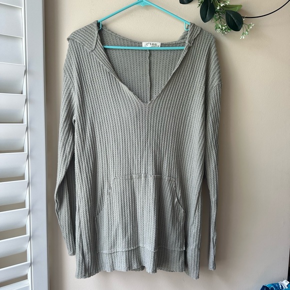 Lizard Thicket  sage V-Neck Waffle Knit Hoodie - Picture 1 of 10